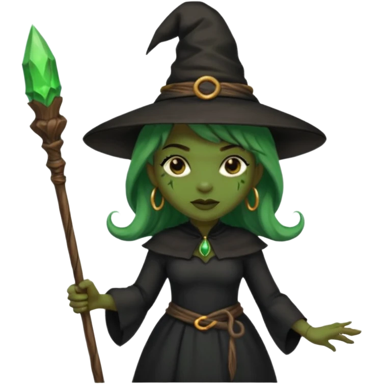 ведьма-африканка с зеленой кожей просто в черном платье и черной ведьминской шляпе с посохом emoji