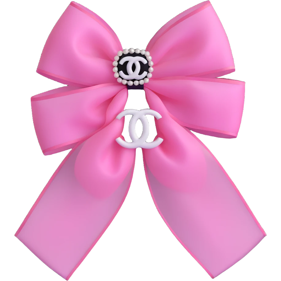 Change the double-layered tulle bow to pink, keep pearls and black Chanel logo, elegant, glossy, black and white, 3D emoji style, with no background emoji