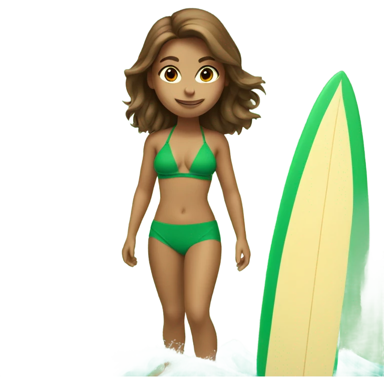 Brown haired girl riding surfboard in green bikini emoji