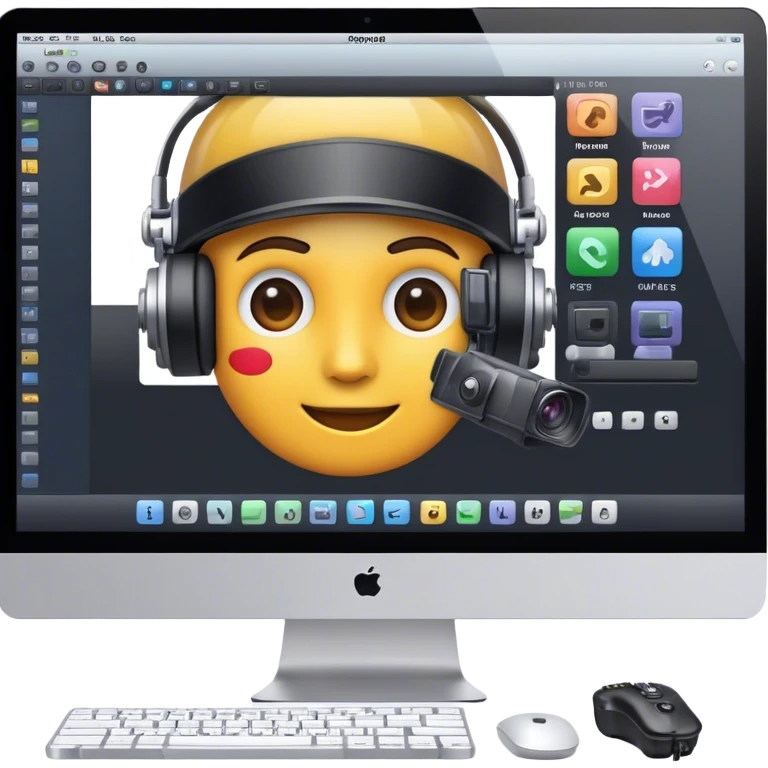 Create an emoji of video editing. Should feature a video editing timeline or interface on a computer screen, showing clips and a playhead. Include a video camera and editing tools. No any smiley faces in emoji. Make the background transparent. emoji