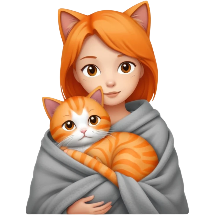 A girl wrapped in a blanket holding a cat emoji