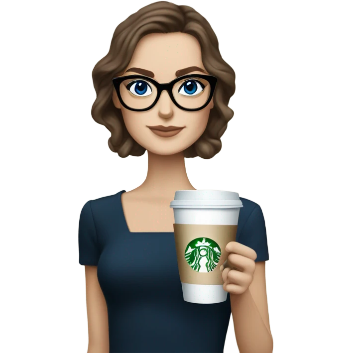 Photo of elegant Keira Knightly wearing black glasses and blue eyes holding Starbucks  emoji