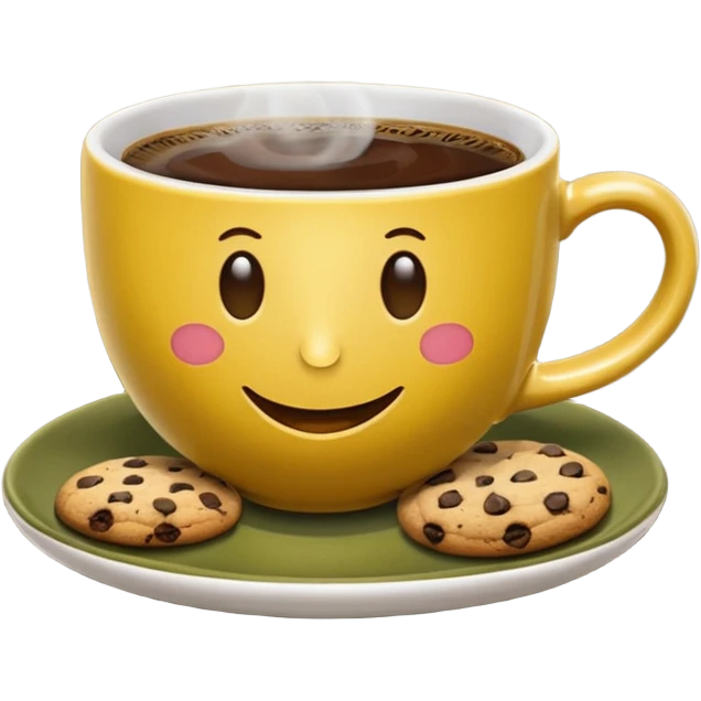 A cup of coffee, steaming, the smoke is heart-shaped, the cup is mustard yellow, the cup has a happy face printed on it, the cup sits on an olive green saucer, and there are cookies around the cup. emoji