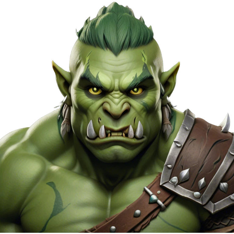 Cinematic Realistic WoW Orc Warrior Portrait, head tilted epicly and inquisitively, showcasing a commanding presence and raw, unyielding power. His battle-hardened green skin and muscular form, accented by meticulously crafted tribal armor in deep earthy hues, are rendered with lifelike clarity and dynamic lighting, high shine, epic and awe-inspiring, embodying the relentless spirit of an orc warrior ready for battle. emoji