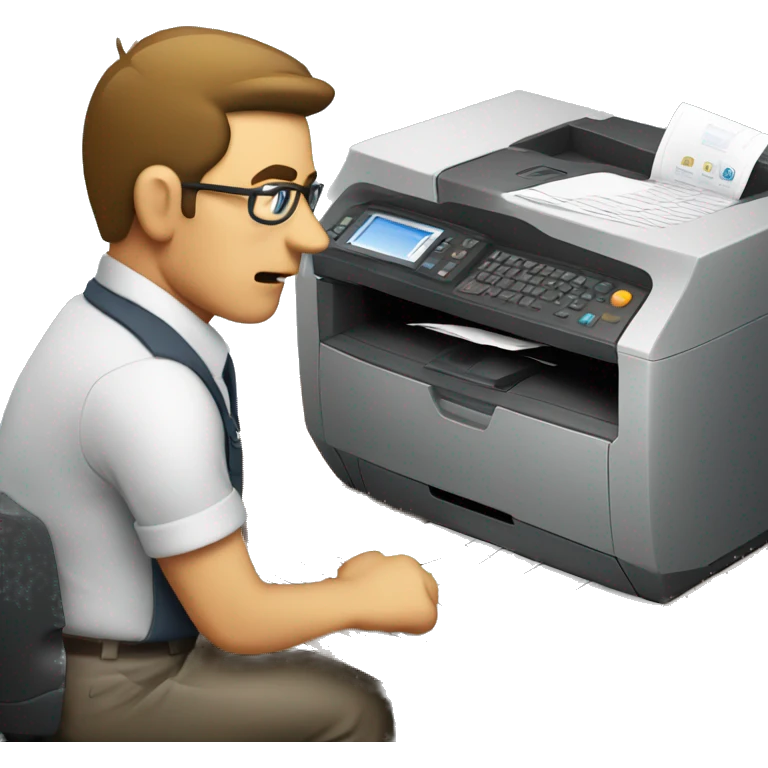 Printer operator getting annoyed at a large printer because it stops working emoji