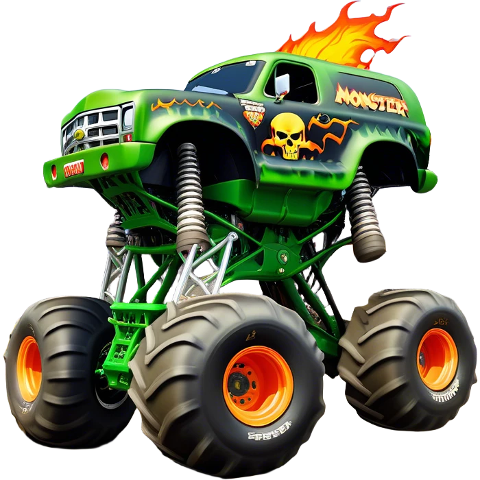 Grave Digger - Monster Jam (Model Year: 2022) (Iconic colour: Green with flames) - A legendary monster truck with a fearsome design: predominantly deep green with dynamic, vibrant flame graphics in bright orange and yellow. Highlight its rough, edgy bodywork and an aura of untamed rebellion. emoji