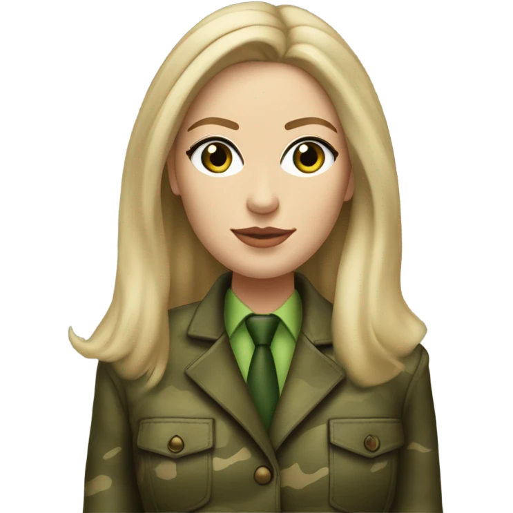 Realistic White woman with Long straight blonde hair and green eyes, camouflage Wool oversize blazer, mini skirt and Brown heeled leather boots  emoji