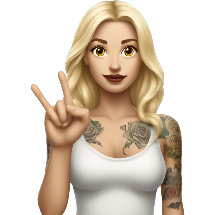 Blonde elegant women with LONG HAIR, her Body Covered with Tattoos, POINTING YOU FORWARD with her HAND with INDEX FINGER, Hyper Realistic emoji