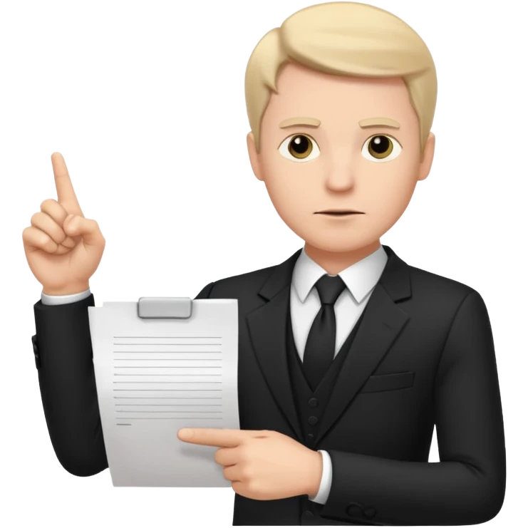 A white man in a black suit stands with a serious face and points at his hand holding papers. emoji