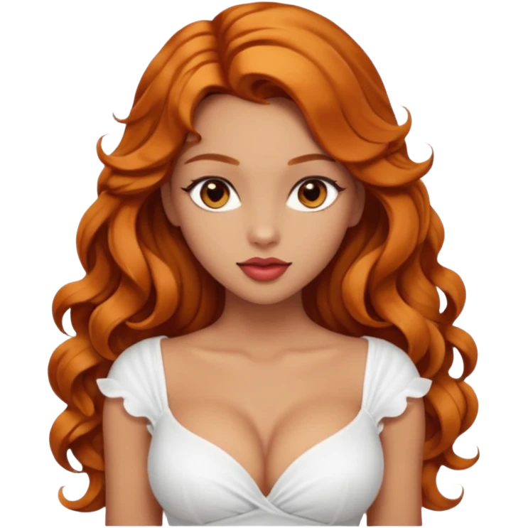 fashion model Beautiful woman model adult   large breasts  with brown eyes tan skin, full cupids bow lips  long curled ginger hair model white  top gorgeous  emoji