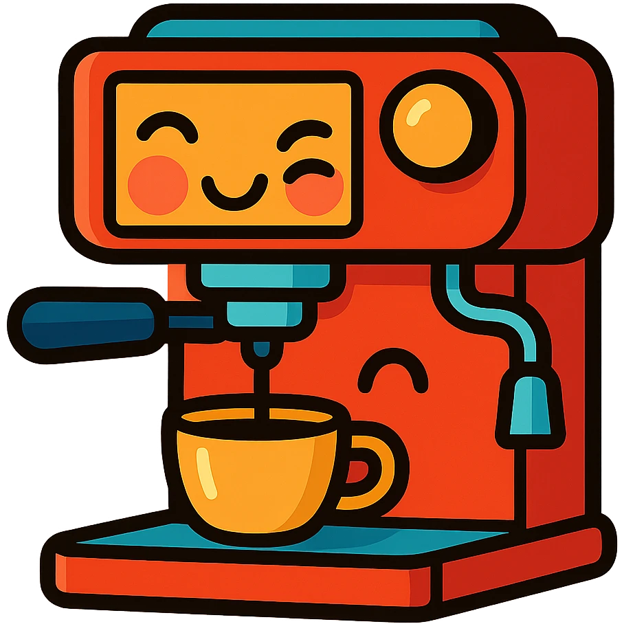 a coffee machine with blushing cheeks and a playful wink, personified, looking adorable emoji