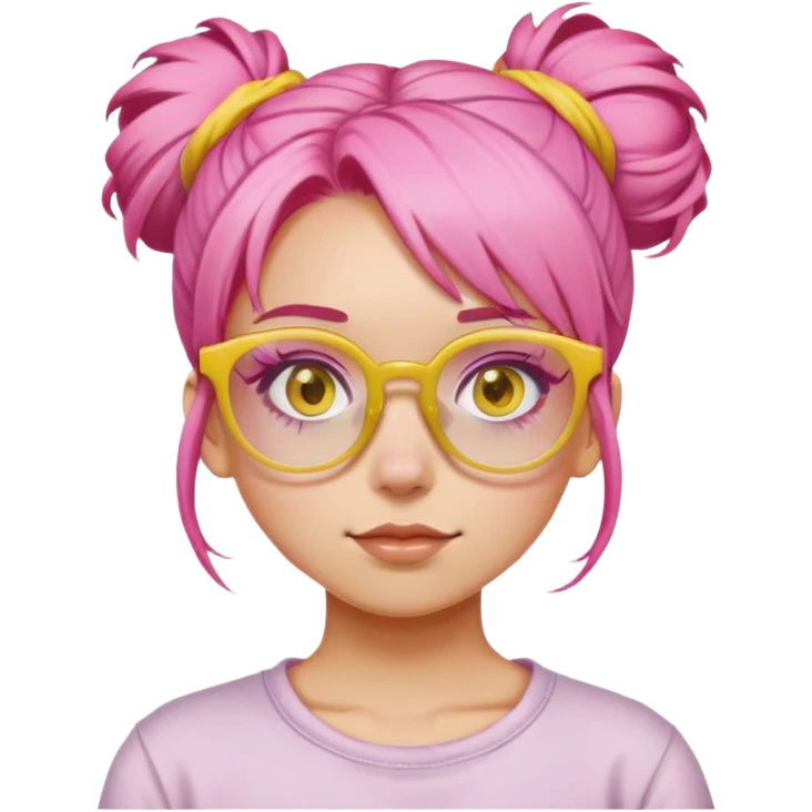 Girl with pink hair in a messy bun and yellow glasses emoji
