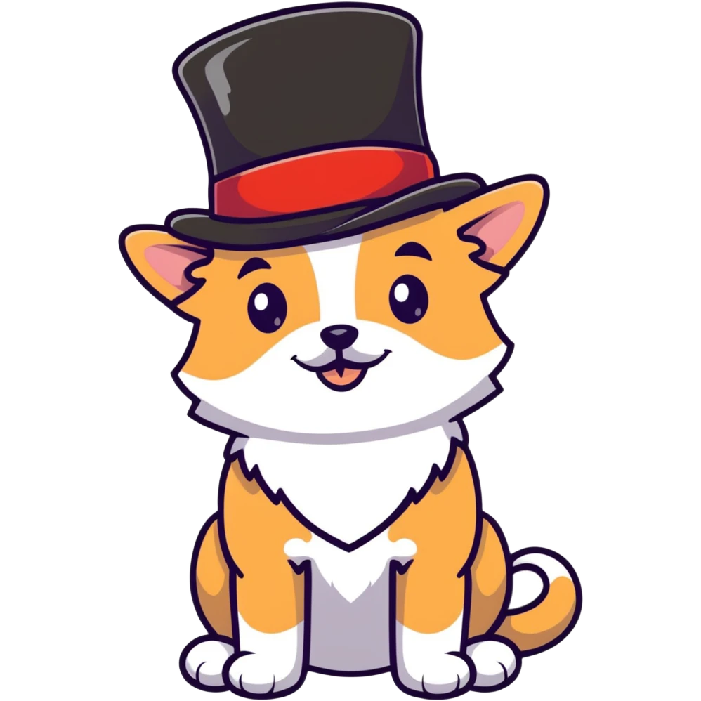 cute small dog with plain light tan fur, black nose, black round eyes, curly fluffy medium length hair, wearing a top hat emoji