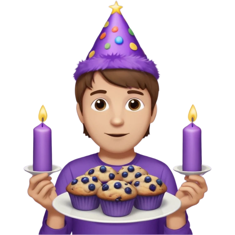 Man with brown hair wearing purple shirt and a party hat holding several blueberry muffins either candles in them  emoji