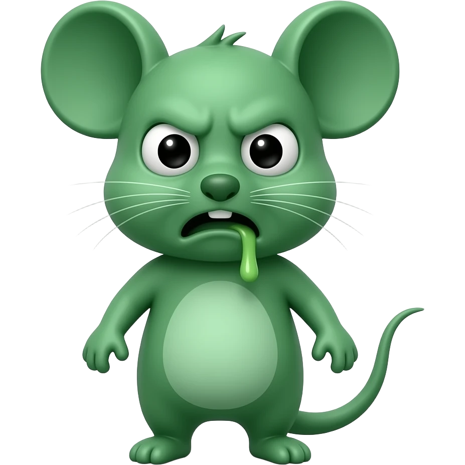 A little green mouse standing upright, with arms and legs that look like those of a little person, staring at us with a disgusted, revolting and nauseating look on its face. He is vomiting. The mouse’s body is entirely green. emoji