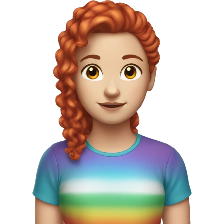 a white girl with long red curly hair in a pony tail with rainbow shirt emoji