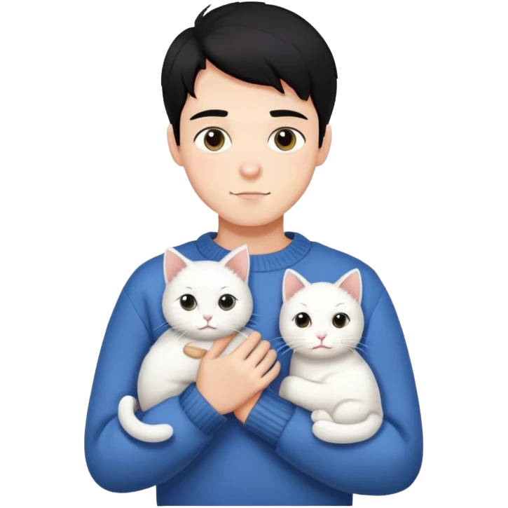 A handsome boy with black hair wearing a sweater is holding a white cat emoji