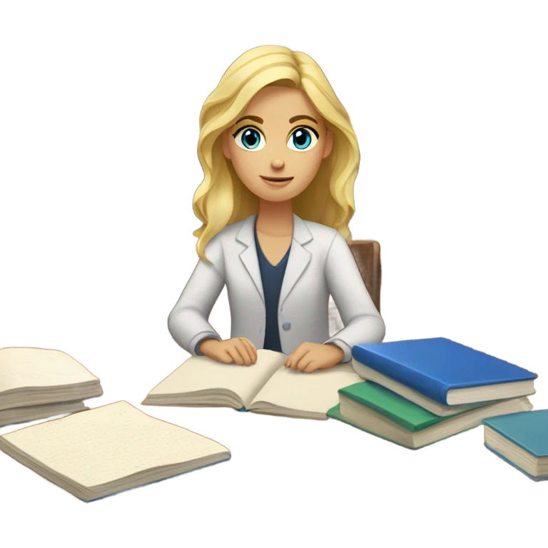 blond girl blue eyes studying on a table emoji