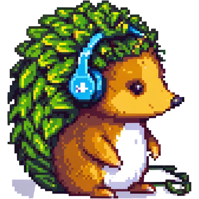 pixel art hedgehog, side view, bone conduction headphones emoji