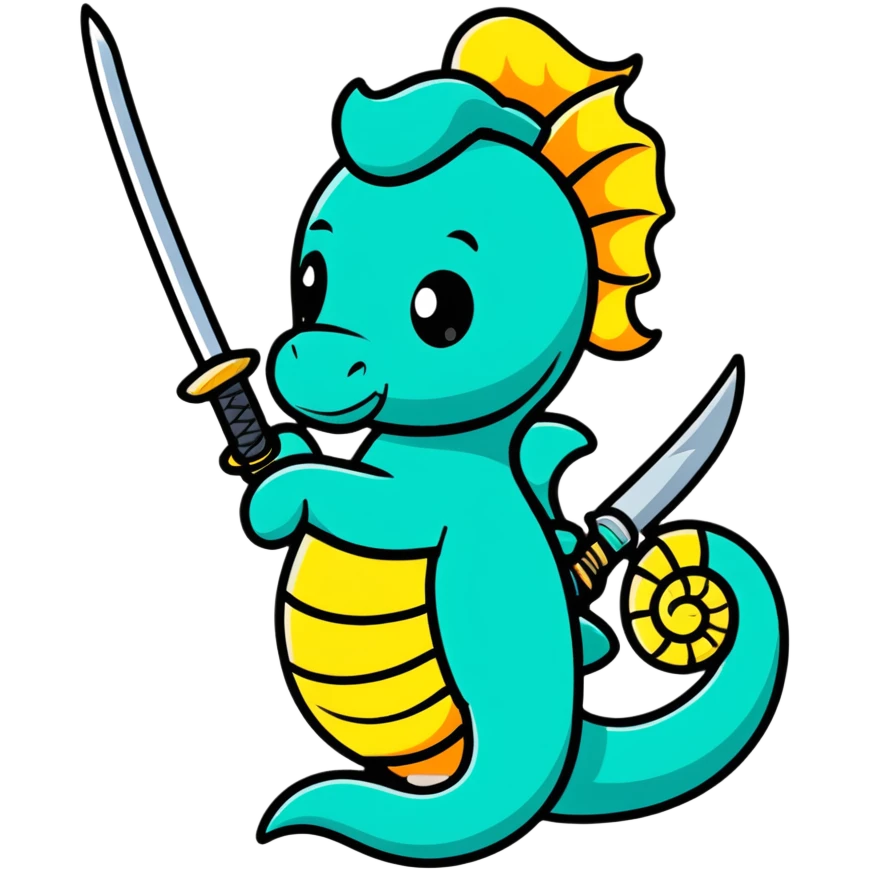 Seahorse ninja with ninja headband and katana sword emoji