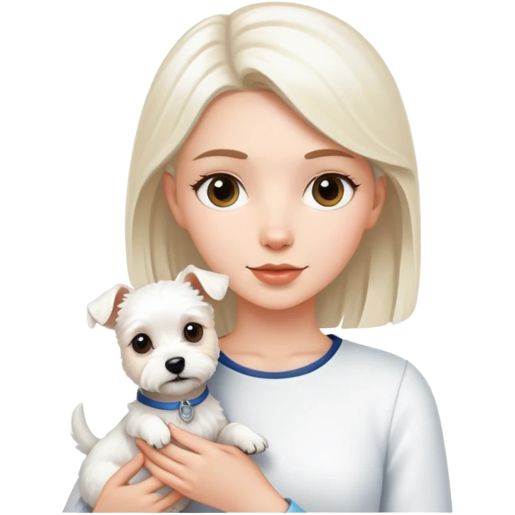 A white girl holding a white terrier emoji