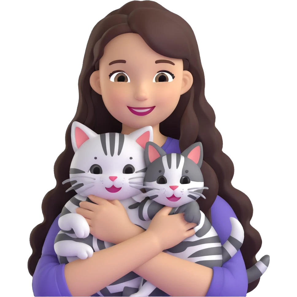 smiling girl with long hair holding a cat with silver stripes emoji