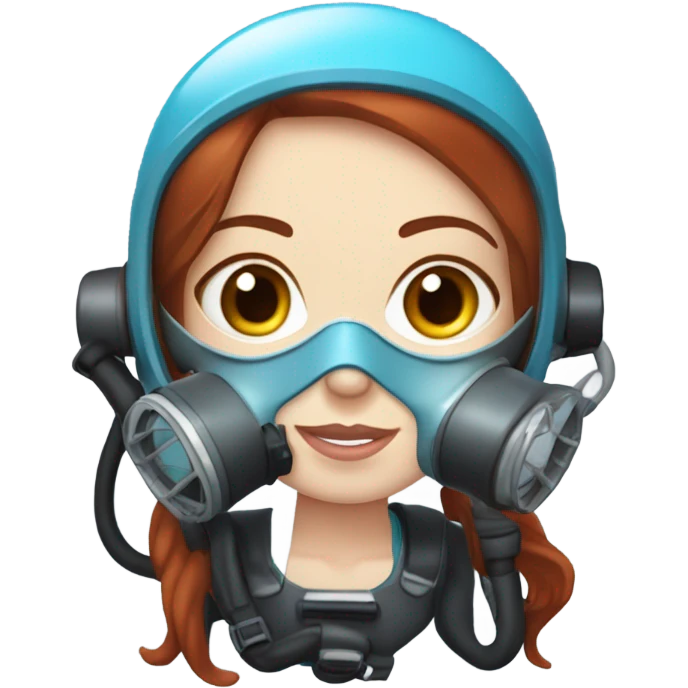 A young woman with red/ brown hair, blue eyes and pale skin with a scuba diving regulator in her mouth and a light blue scuba diving mask on  emoji