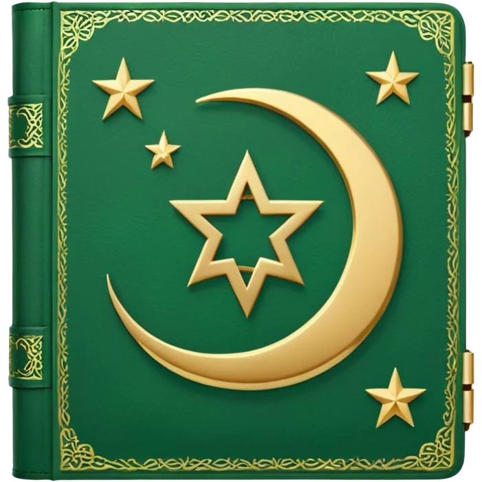 Closed Quran with the Islamic Symbol on it (moon and star) green from left to right emoji
