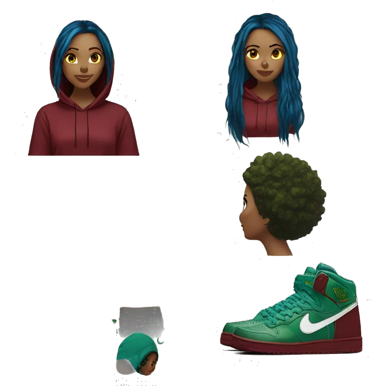 420 Lady with brunette and blue hair, hemp, gold, green dragon wings, maroon hoodie, 420, black and gold Nike t shirt, and bright red eyes emoji