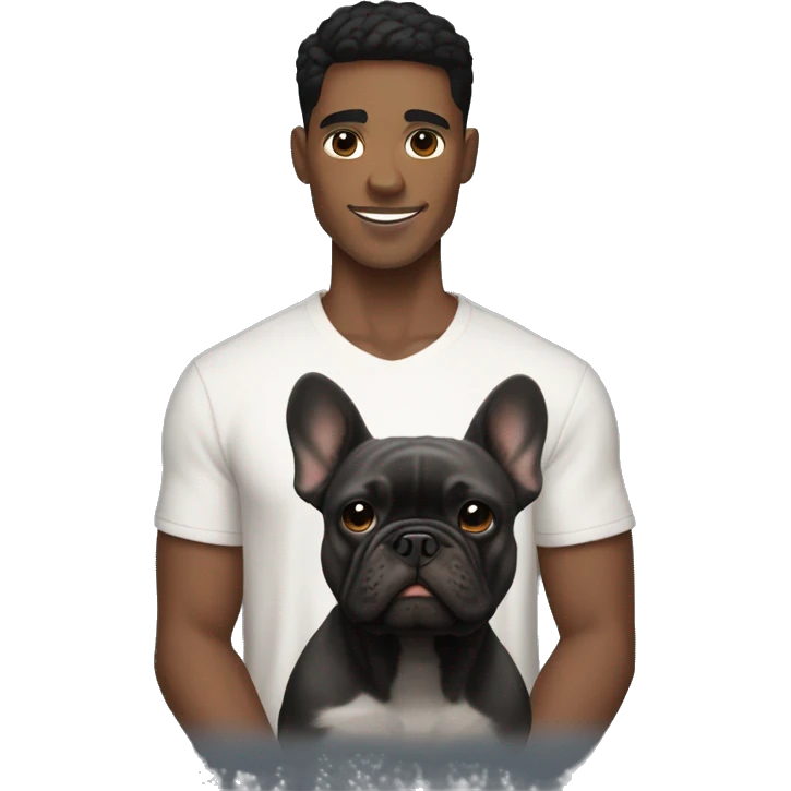 athletic light skin male with short black hair holding a brindle colored french bulldog emoji