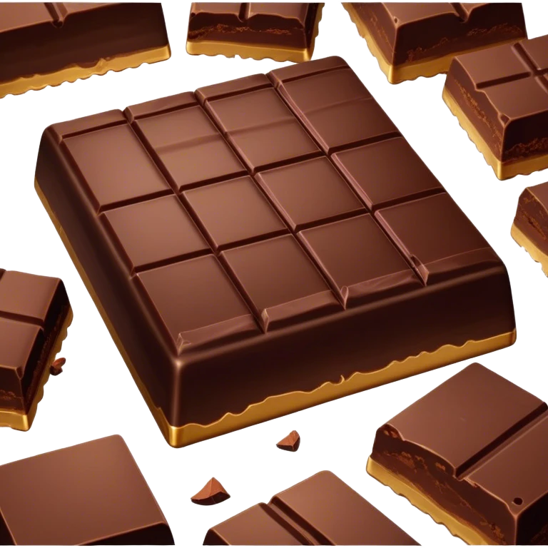 Cinematic silky dark chocolate bar, broken into perfect squares, rich cocoa tones, slightly melting edges, fine texture and decadent shine, warm golden highlights, tempting and rich. emoji