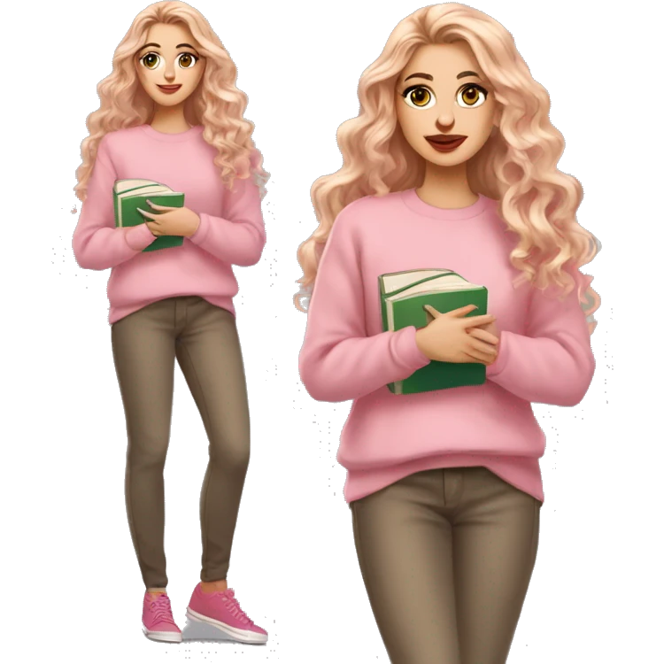 White girl pink sweater pink lipstick green eyes gold earrings pink nails reddish golden wavy long hair full body holding books emoji