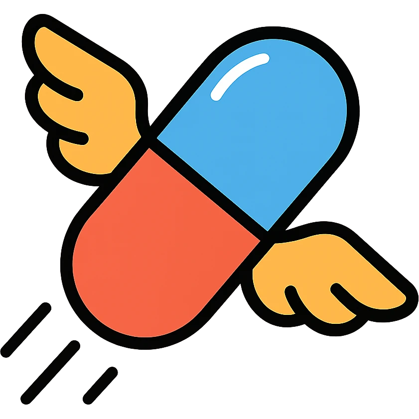 Medicine pill or capsule with small wings attached flying through the air emoji