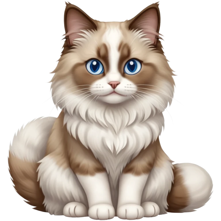 cinematic-[brown and white ragdoll cat]-realistic-full-body-sitting-emoji,-tail-curled-playfully-around-its-paws,-head-tilted-dramatically,-fluffy-[brown and white]-fur,-simplified-yet-realistic-focused-features,-highly-detailed,-glowing-with-an-almost-sarcastic-glow, with blue eyes emoji