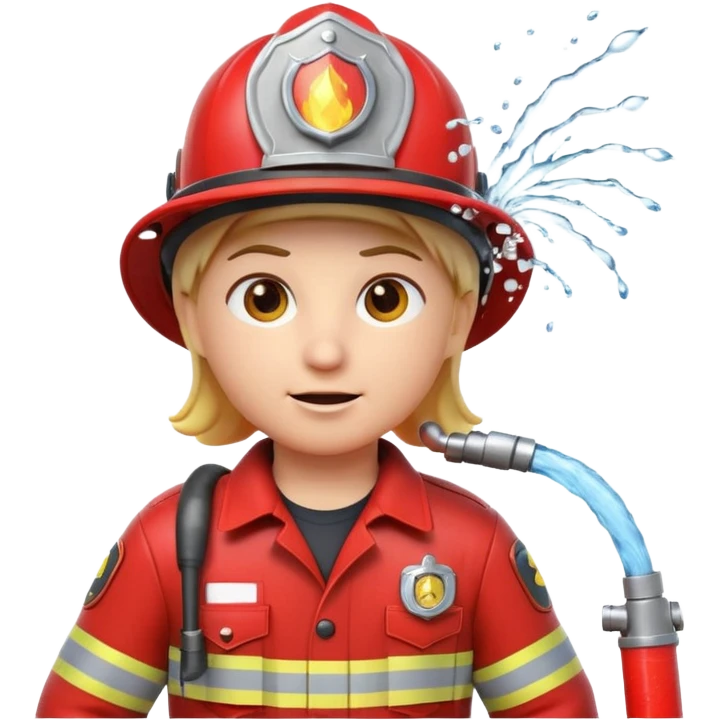 A 3D Apple-style emoji character dressed as a firefighter in a bright red uniform and helmet, holding a fire hose spraying water forward, determined expression with cartoonish eyes, water splashing effect, clean minimal background emoji