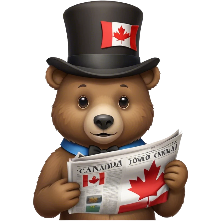 bear waring a top hat that has canadian flag on it and reading newspaper emoji