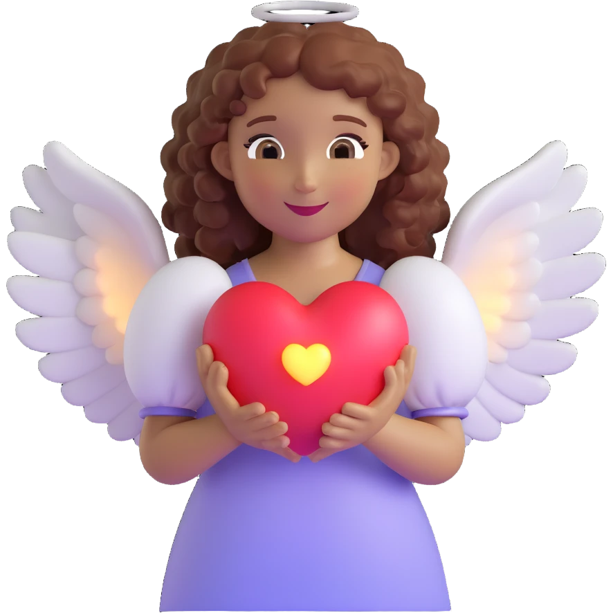 angel with curly hair holding a glowing heart, pastel colors, gentle smile, detailed wings, soft lighting emoji