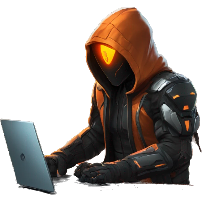 Side view developer behind his laptop with this style : crysis Cyberpunk Valorant orange glowing bright orange character orange black hooded assassin themed character emoji