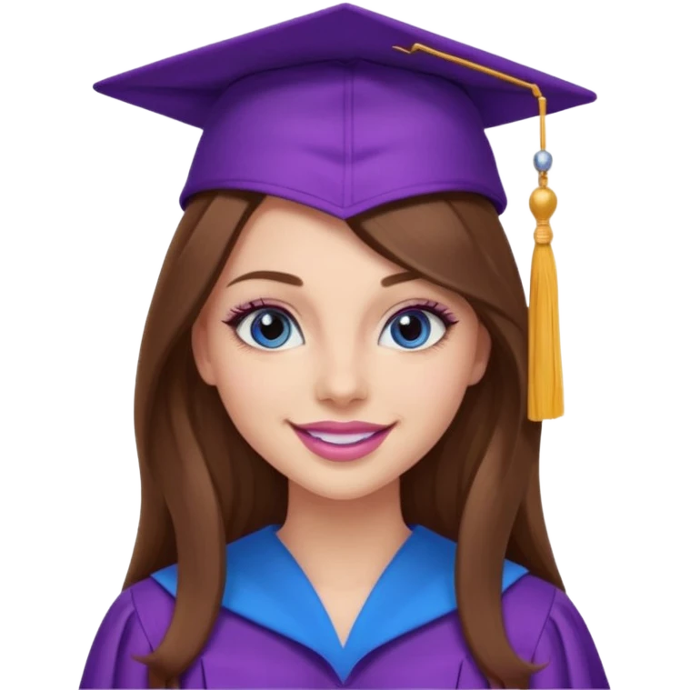 girl with gorgeous long brown hair, blue eyes, long lashes makeup, sexy pink lips, wearing a purple graduation cap and gown emoji