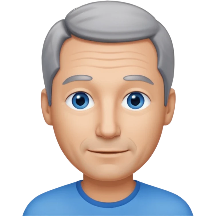 Middle aged man with receding grey and black hair and no beard, blue eyes, shy smile, tanned skin emoji
