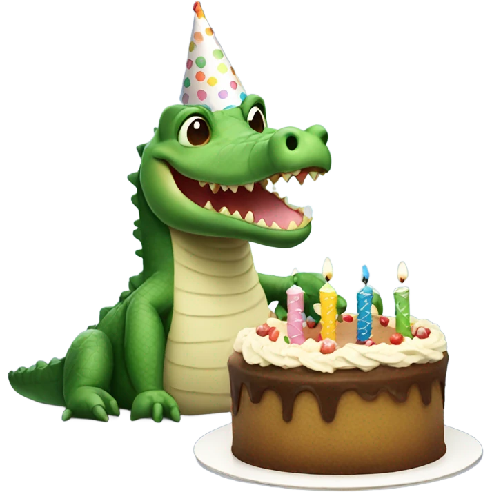 Alligator wearing birthday hat, eating birthday cake emoji