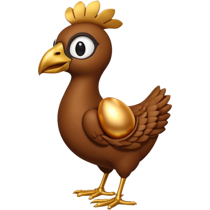 A 3D cartoon Sankofa bird with its head gracefully turned backward holding a golden egg in its beak, symbolizing learning from the past, single bird in frame, gold and brown tones, clean black background, Memoji-style rendering emoji