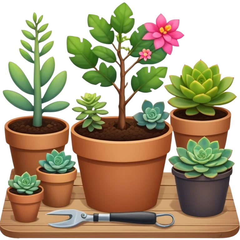 Close-up of a potted sapling with vibrant flowering plants around it, in rich soil. Sunlight filters through the window, casting soft shadows. Cozy indoor garden with blooming flowers, succulents, and gardening tools placed neatly on a wooden table. emoji