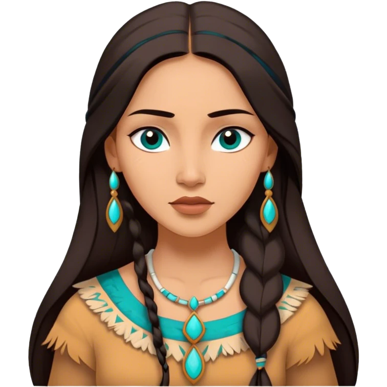 Cinematic Elegant Pocahontas Portrait Emoji, rendered in a realistic, vector-style with minimal shading and bold, simplified shapes. Depict Pocahontas (chest and above) with warm, sun-kissed skin, long, flowing dark hair, and gentle, wise eyes, wearing traditional attire in earthy tones with hints of turquoise. The image glows with a soft, natural radiance and high shine, embodying timeless indigenous beauty. emoji