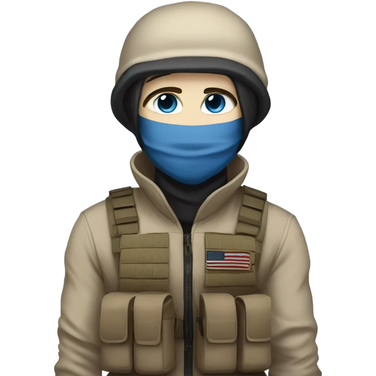 male, pale skin, face mask, tan tactical gear, combat boots, black beanie, blue eyes emoji