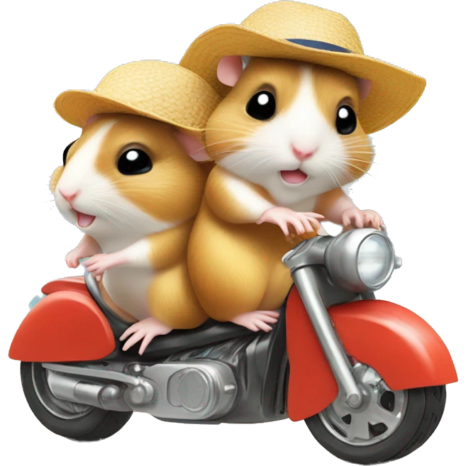 Two hamsters wearing swim shorts and sun hats driving by motorbike on the beach emoji
