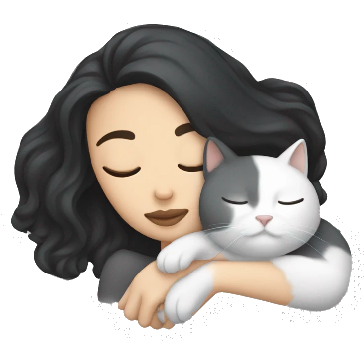 white girl with black hair sleeping with a gray cat emoji
