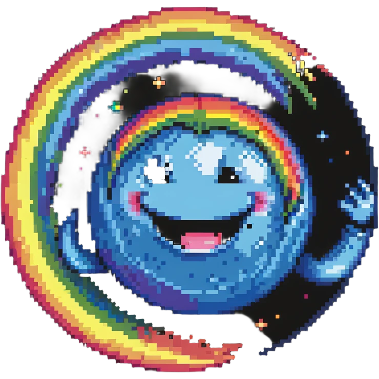 planet with rainbow gradient surface and a big happy smile emoji