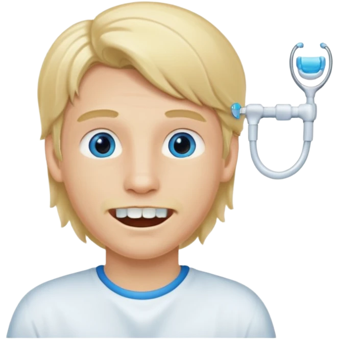 Blond boy with long hair in tail of low blue eyes and dental appliance emoji