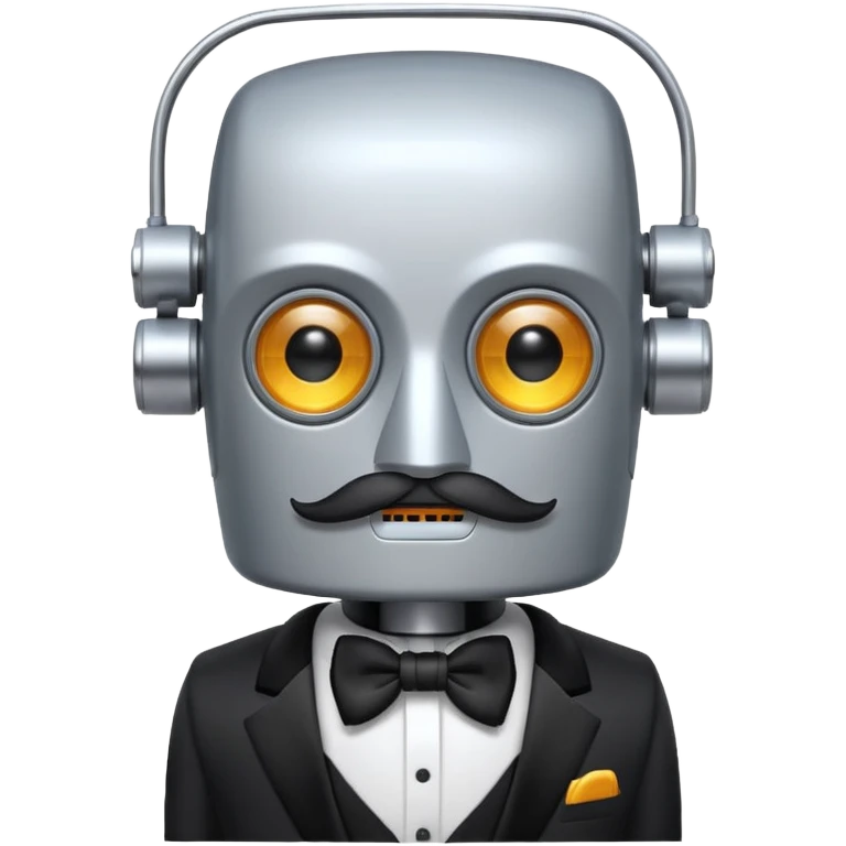 Robot with a square head, thick handlebar moustache, headlight eyes, wearing a tuxedo, buff emoji
